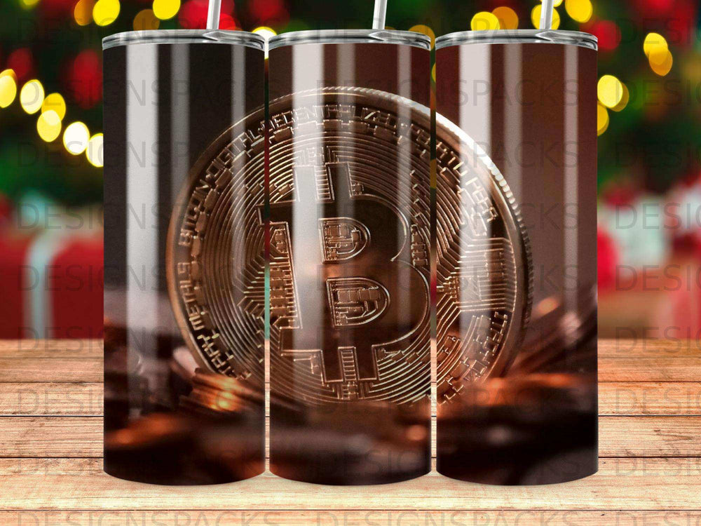 Close-up of a Bitcoin logo on a gold coin, with blurred festive lights in background.