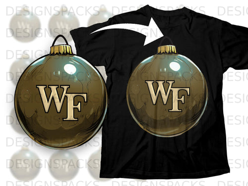 Black t-shirt with a gold Christmas ornament graphic featuring the letters 