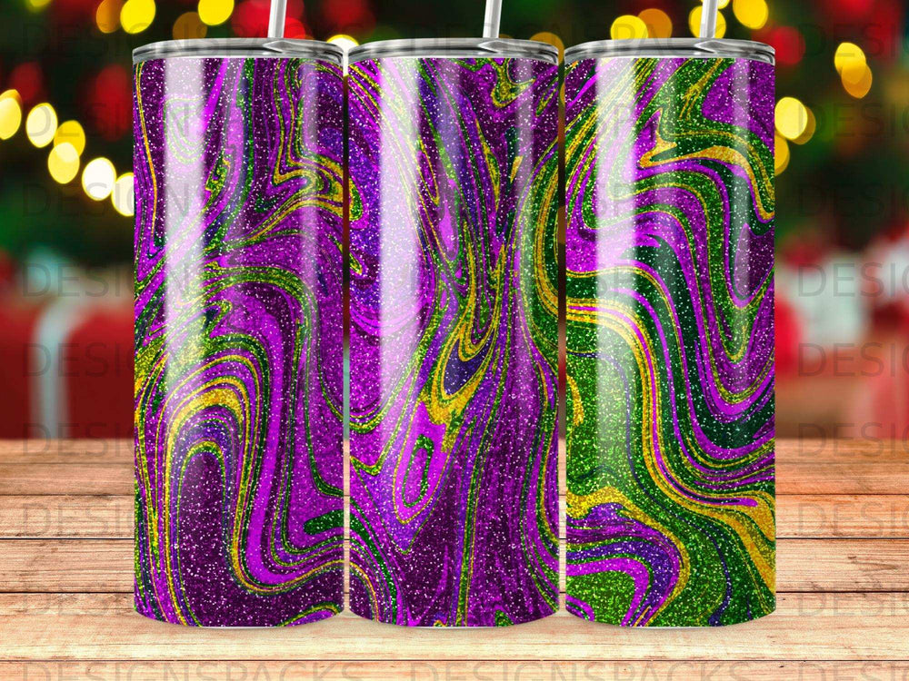Purple, green, and gold glitter tumbler with swirl pattern.