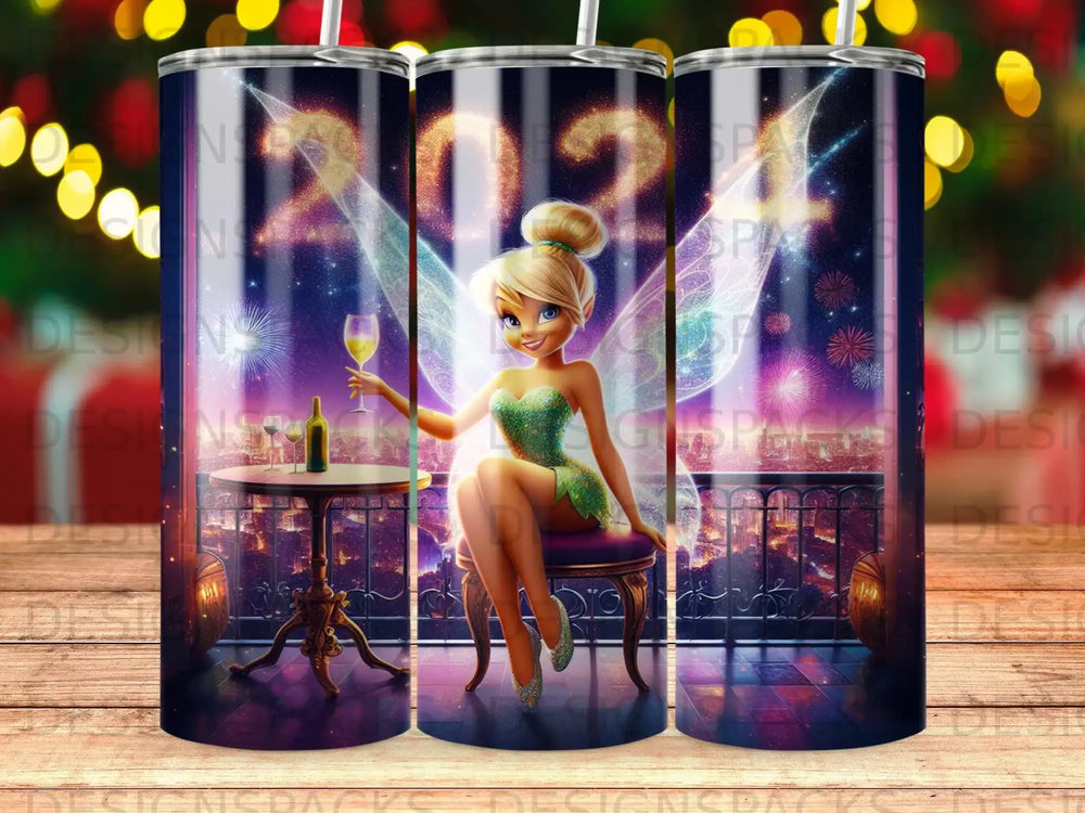 Tinkerbell sits with a drink, 2023 fireworks behind her.