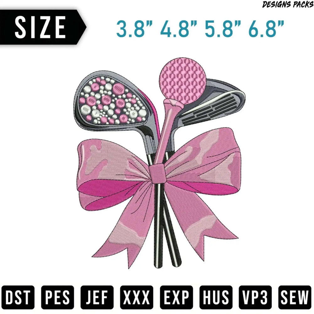 Embroidery design of pink golf clubs and ball with bow, sizes listed.