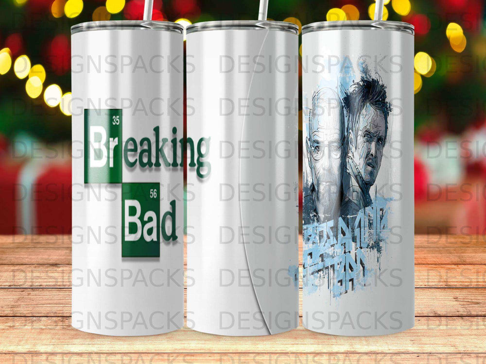 Breaking Bad design on a white tumbler with characters Walter White and Jesse Pinkman.