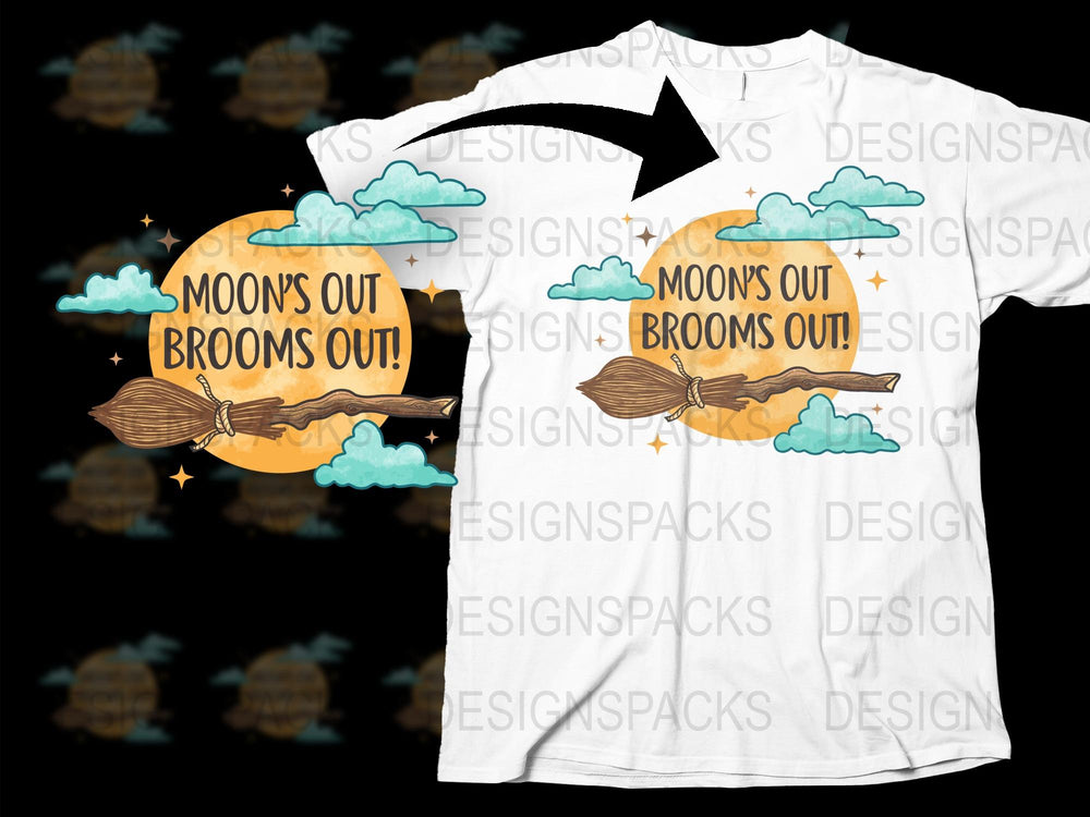 Moons Out Brooms Out T-Shirt, Halloween Witch Graphic Tee, Full Moon and Clouds, Spooky Season Apparel, Unisex Casual Shirt