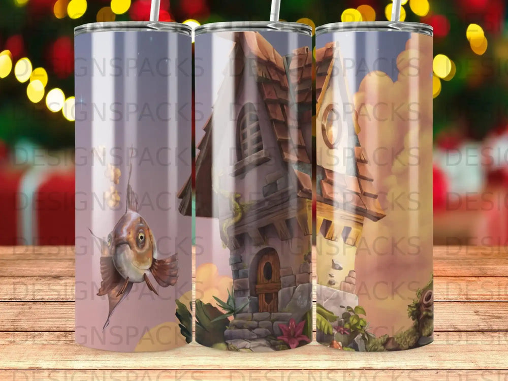 Three tumblers with a cartoon-style fantasy house and fish design.