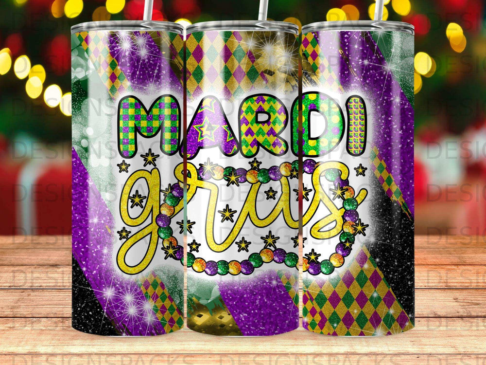 Mardi Gras tumbler with glitter and purple, green, and gold diamond patterns.