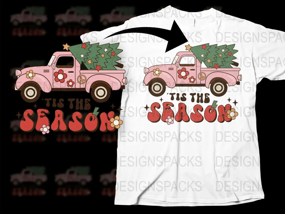 Vintage Pink Truck Christmas T-Shirt, Holiday Tee, Festive Seasonal Apparel, Tree and Star Design