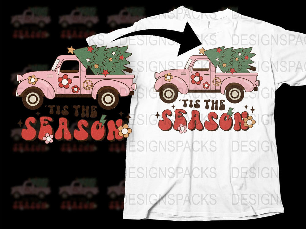 Vintage Pink Truck Christmas T-Shirt, Holiday Tee, Festive Seasonal Apparel, Tree and Star Design
