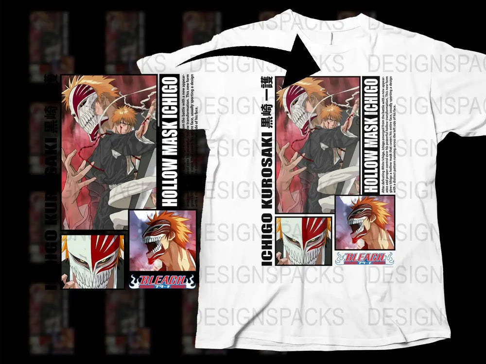 Anime Graphic T-Shirt Hollow Mask Design, Ichigo Inspired Full Print, Unisex Manga Tee Fans Gift