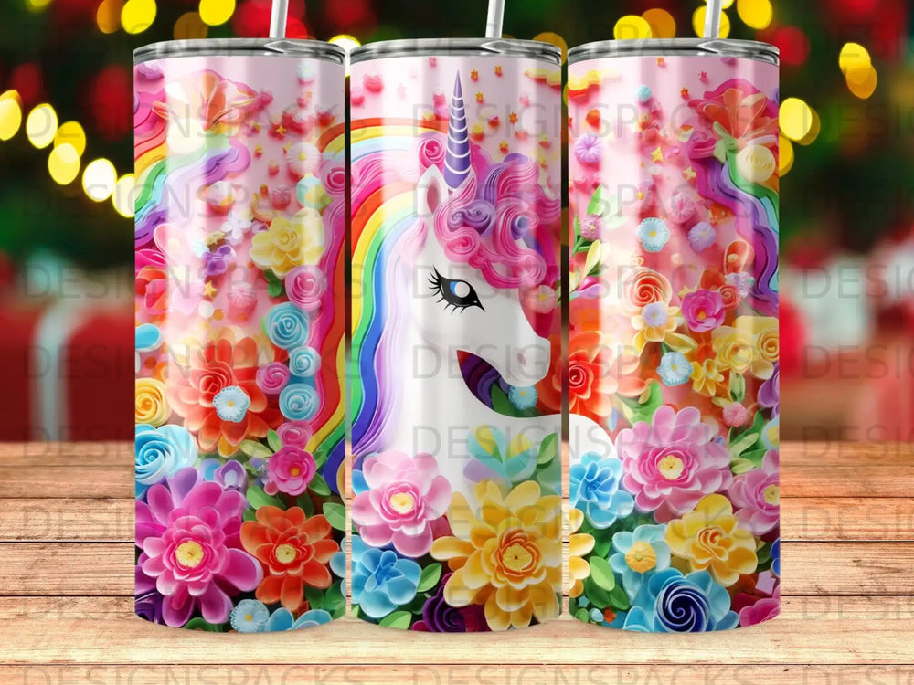 Unicorn with rainbow mane surrounded by colorful flowers.