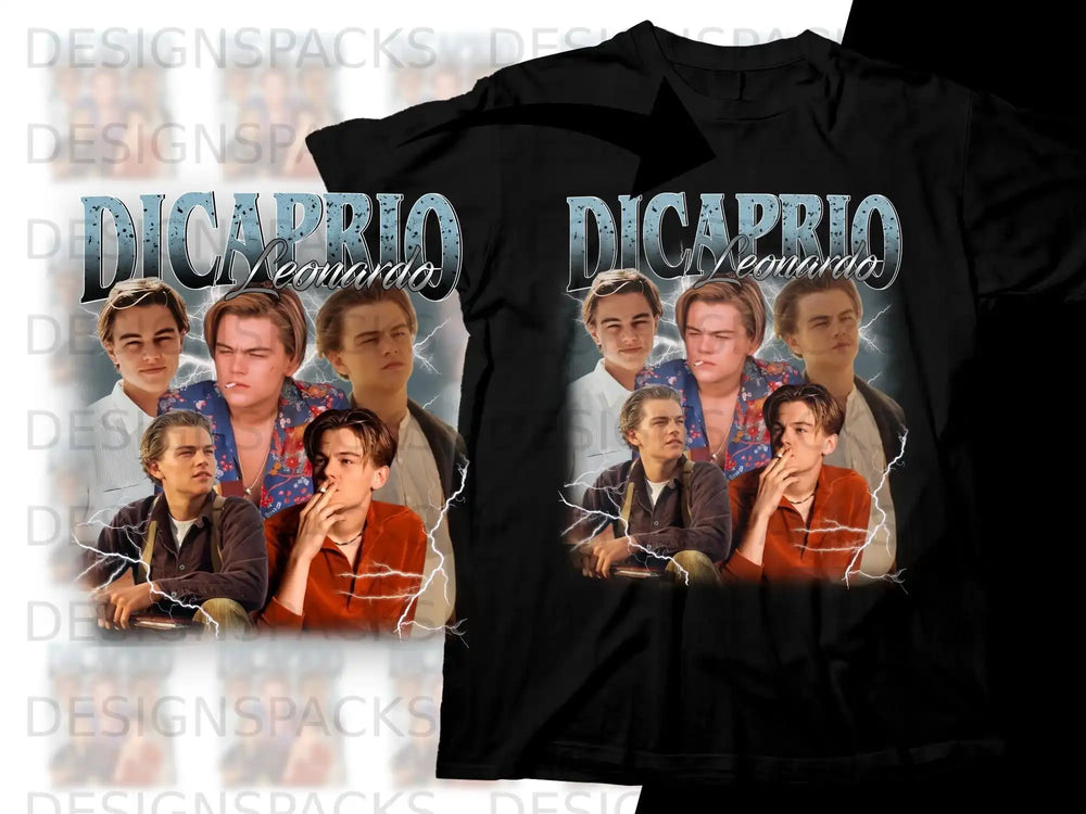 T-shirt featuring a collage of Leonardo DiCaprio from Titanic.