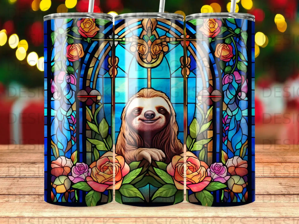 Stained glass window featuring a sloth surrounded by roses and ornate floral designs.