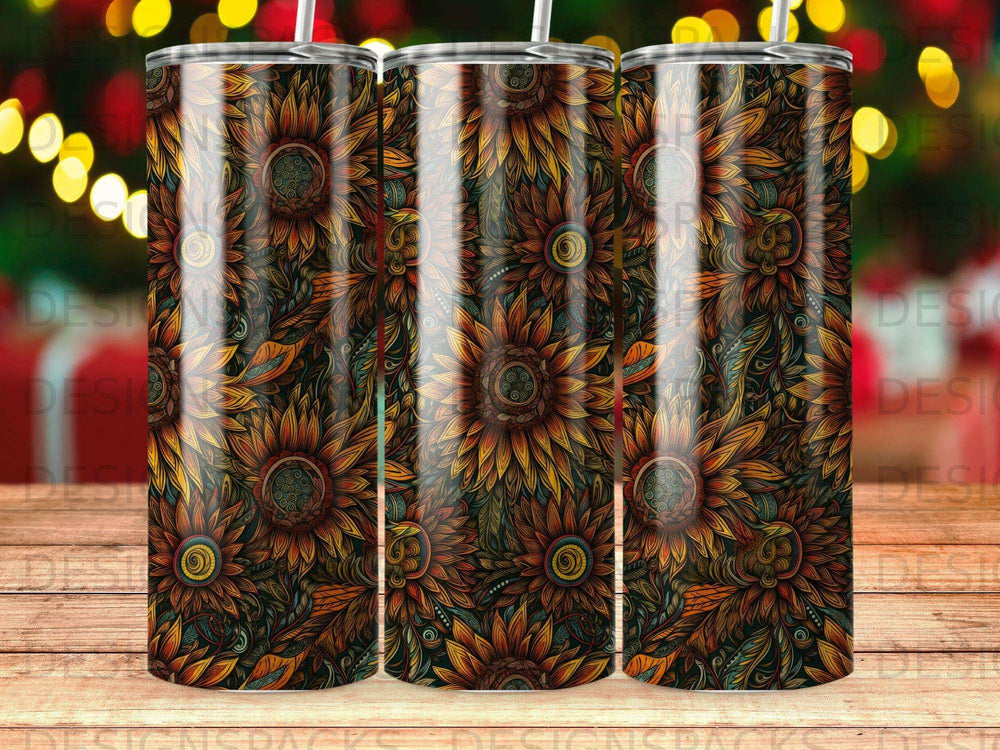 Sunflower pattern on a tumbler with straw.