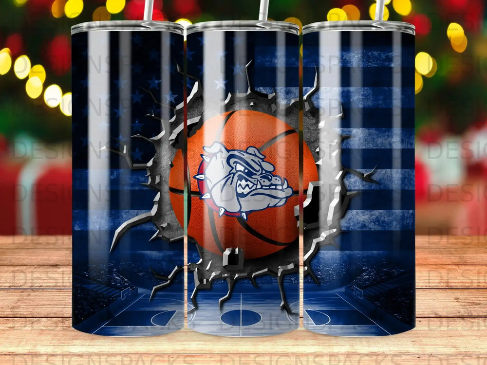 Bulldog basketball on a cracked American flag design tumbler.