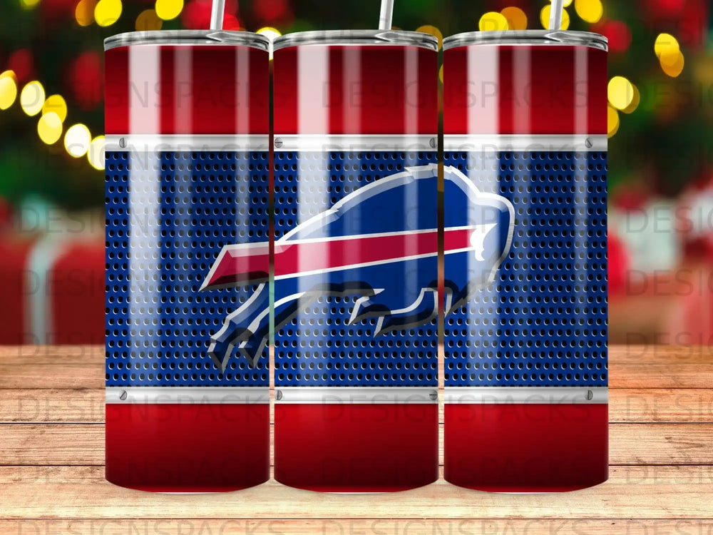 Buffalo Bills logo on a metallic blue perforated tumbler.