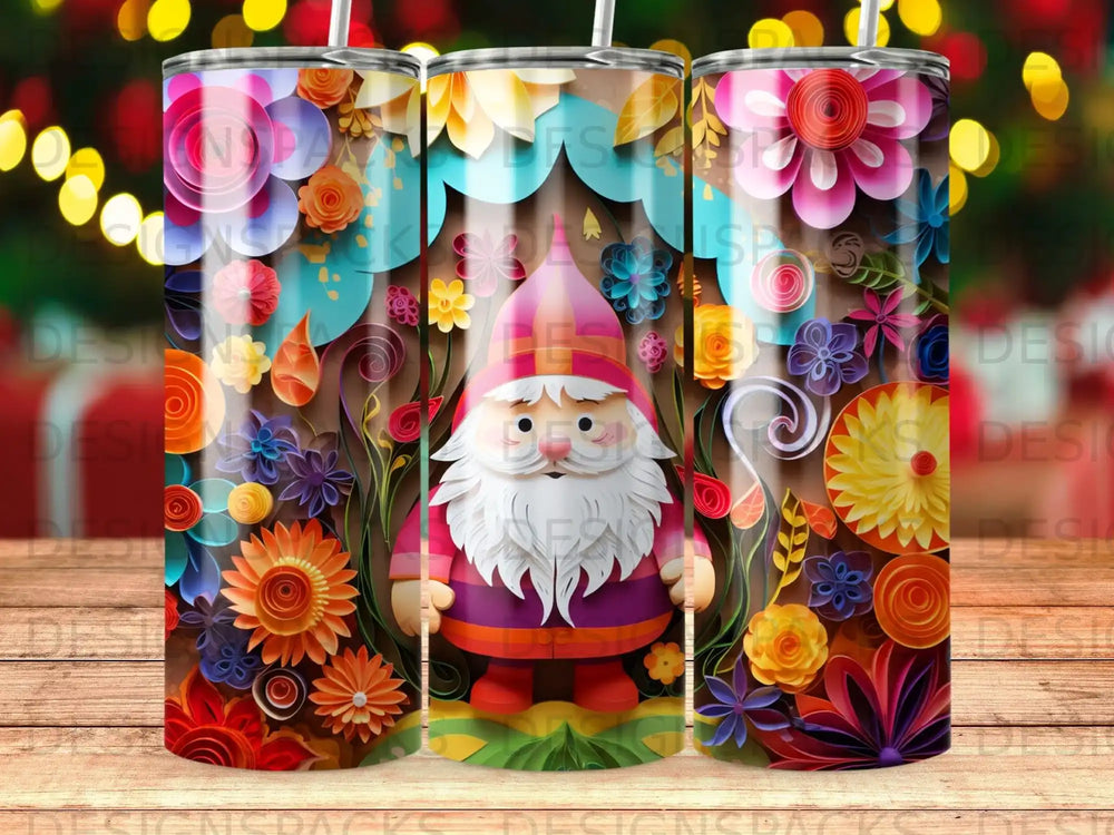 Gnome with colorful flowers and floral patterns on a tumbler.