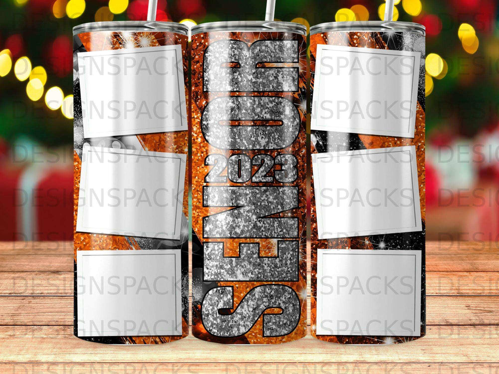 Senior 2023 tumbler with orange and silver glitter accents.