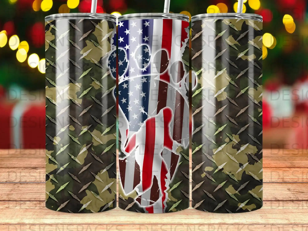 Tumbler featuring camouflage, diamond plate, and American flag paw print designs.