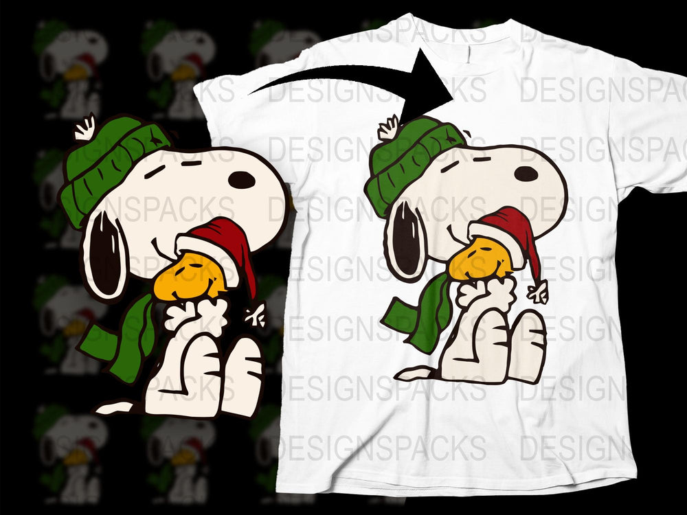 Cartoon Dog and Bird Winter T-Shirt, Cute Animal Graphic Tee, Kids and Adults Casual Apparel