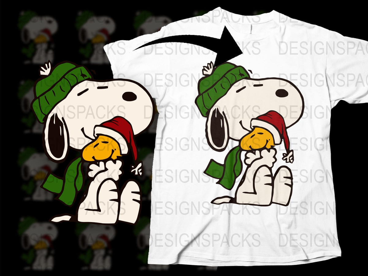 Cartoon Dog and Bird Winter T-Shirt, Cute Animal Graphic Tee, Kids and Adults Casual Apparel