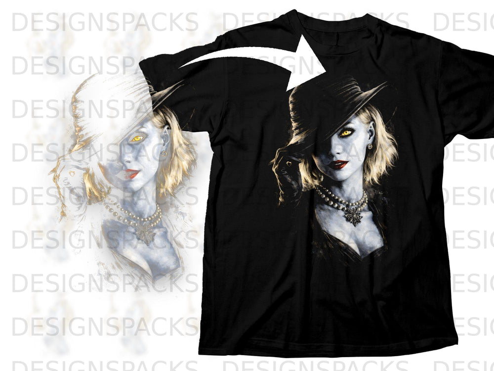 Black t-shirt with a portrait of a woman in a hat and pearl necklace.
