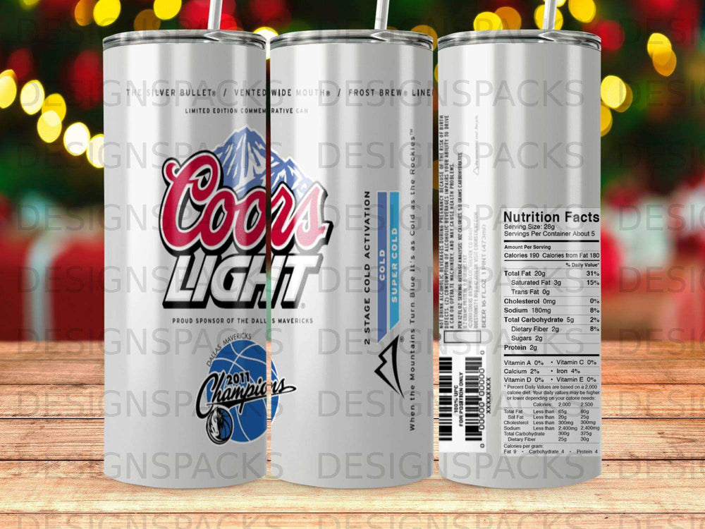 Coors Light can with Dallas Mavericks logo and nutrition facts label.