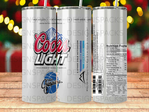 Coors Light can with Dallas Mavericks logo and nutrition facts label.
