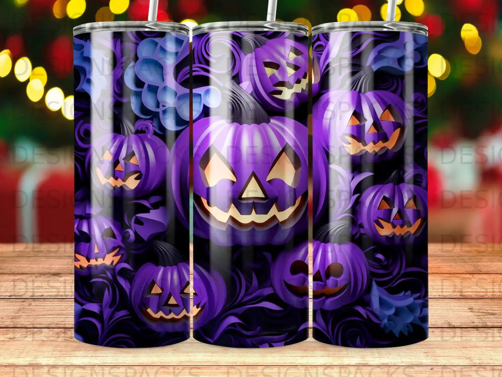 Purple and black Halloween pumpkins with blue floral accents.
