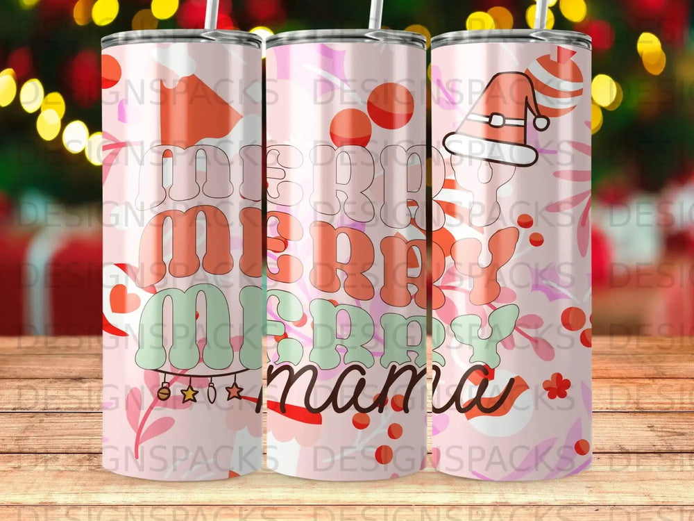 Pink tumbler with "Merry Mama" text and festive holiday graphics.