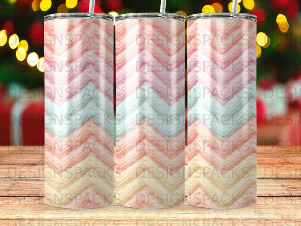 Three tumblers with a chevron pattern of pink, white, and tan.