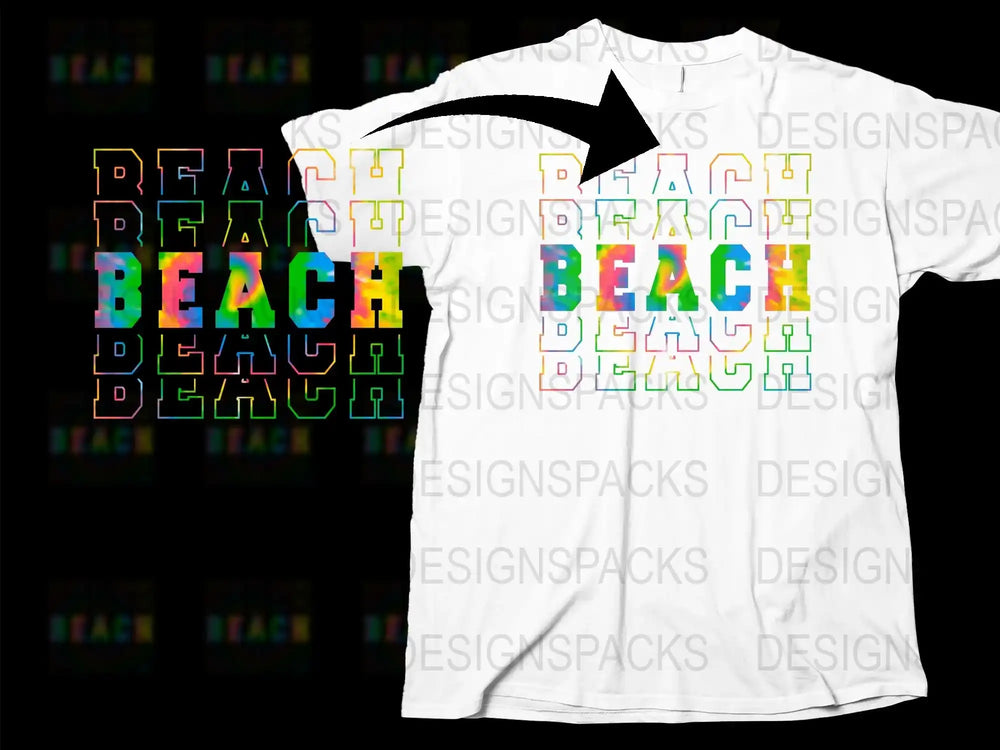 Colorful Beach Word Repeated Design T-Shirt, Summer Casual Wear, Unisex Fashion Top