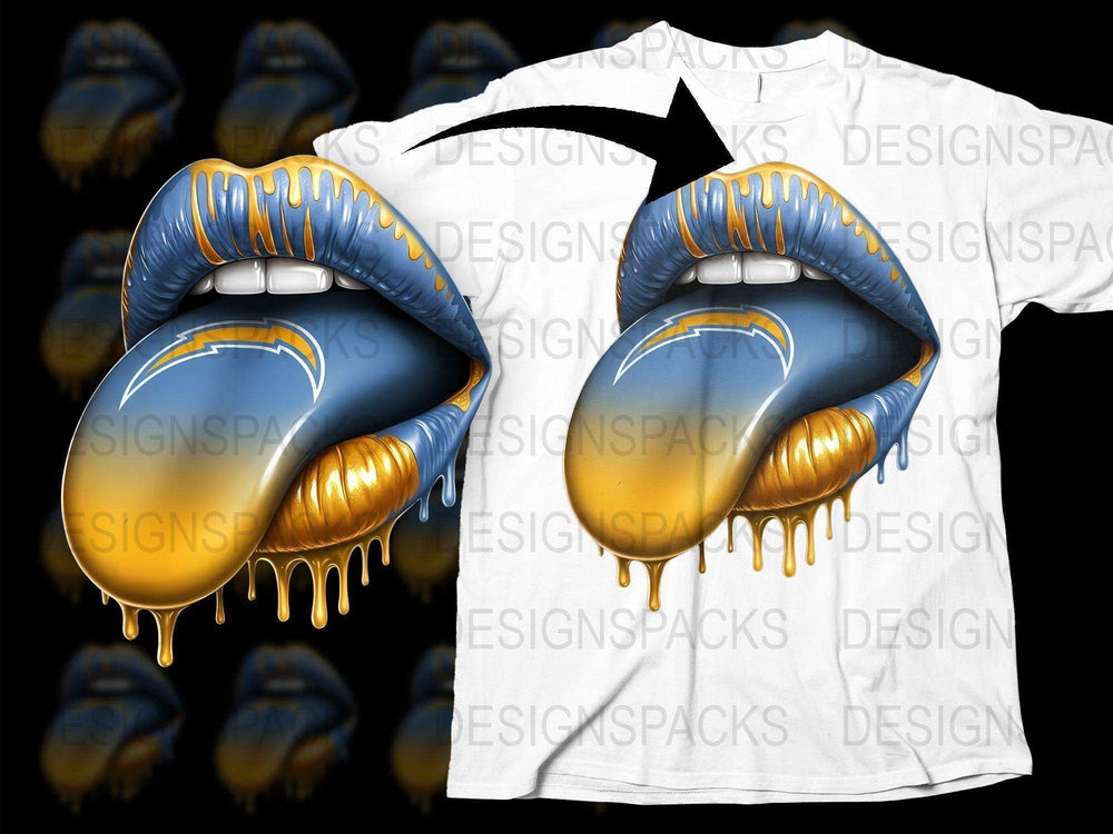 Graphic T-Shirt with Blue and Gold Dripping Lips Design, Unisex Fashion Tee, Unique Streetwear Style