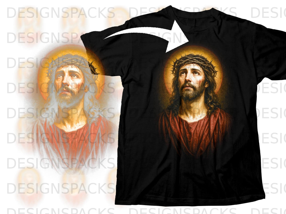 Black t-shirt with Jesus Christ wearing a crown of thorns and a halo.
