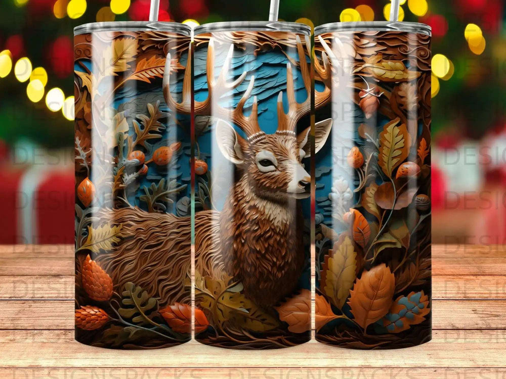 Deer with antlers surrounded by autumn leaves, on a tumbler.