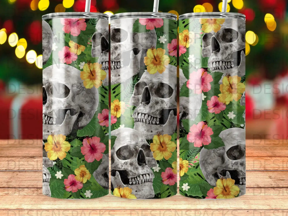 Skulls and tropical flowers pattern on a tumbler.