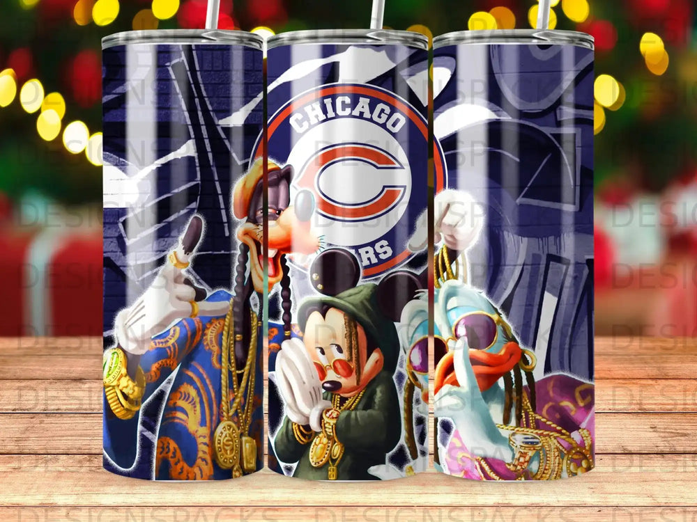 Mickey Mouse and Donald Duck wearing Chicago Bears gear and gold chains.