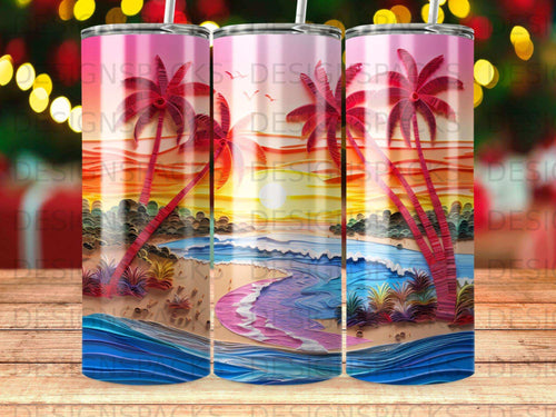 Three tumblers featuring a tropical beach sunset scene with palm trees and ocean waves.