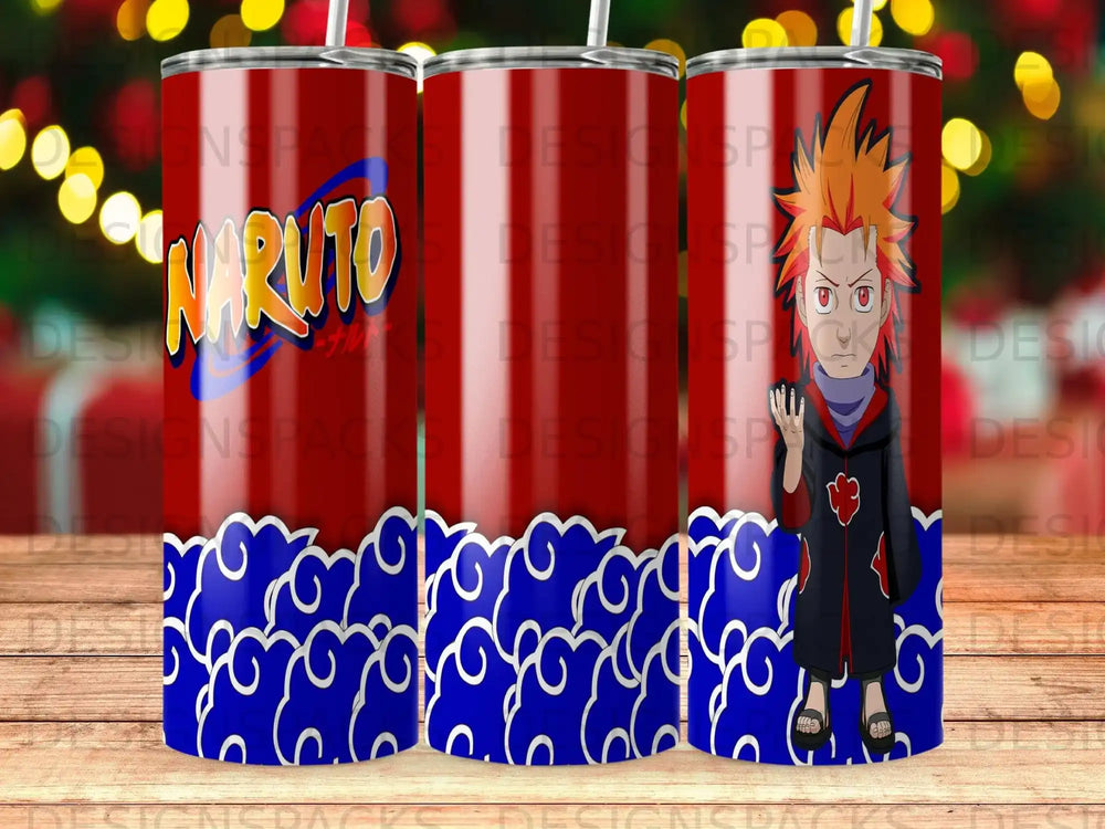 Naruto Uzumaki character design on red and blue swirl patterned tumbler.