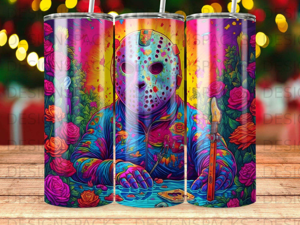 Jason Voorhees in a colorful, floral scene with roses and a dagger.