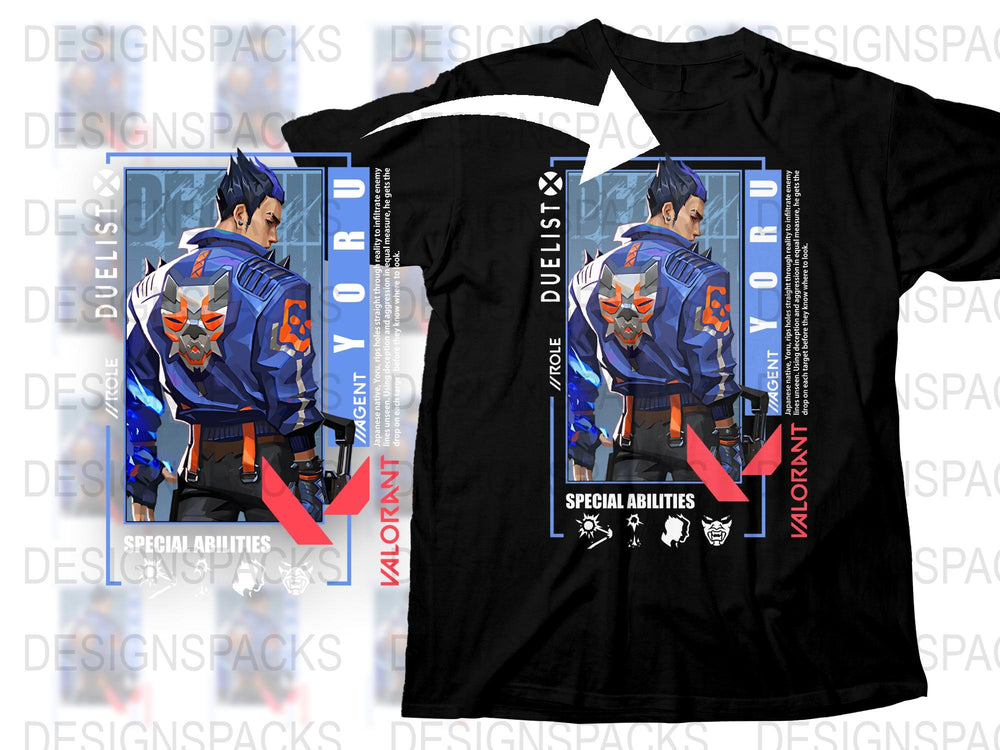 Valorant Yoru Agent Inspired T-Shirt, Gaming Graphic Tee, Unisex Anime-Style Shirt, Colorful Character Apparel