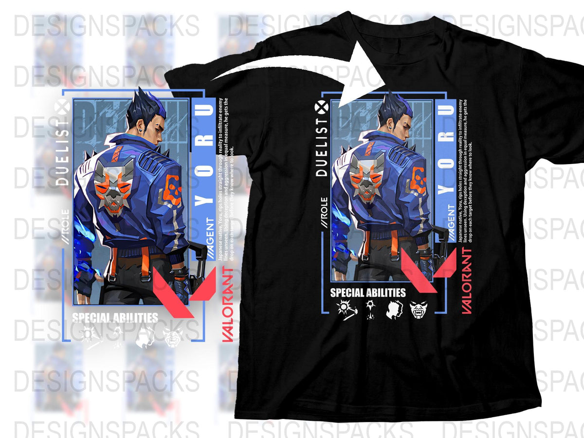 Valorant Yoru Agent Inspired T-Shirt, Gaming Graphic Tee, Unisex Anime-Style Shirt, Colorful Character Apparel
