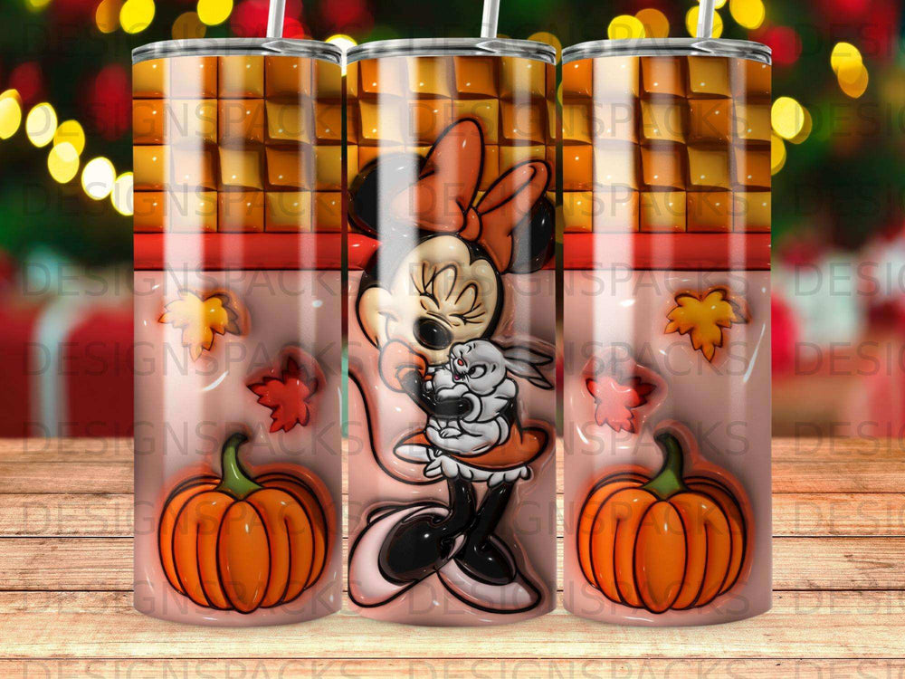 Minnie Mouse holding a bunny with pumpkins and autumn leaves.