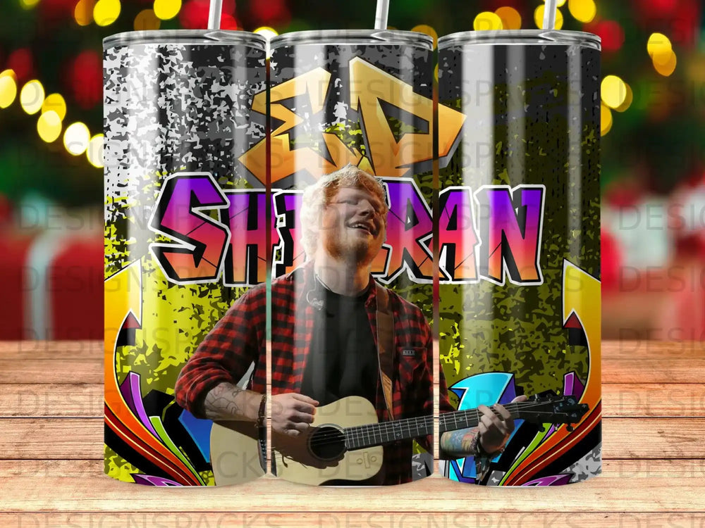 Ed Sheeran playing guitar with graffiti background and colorful graphic elements.