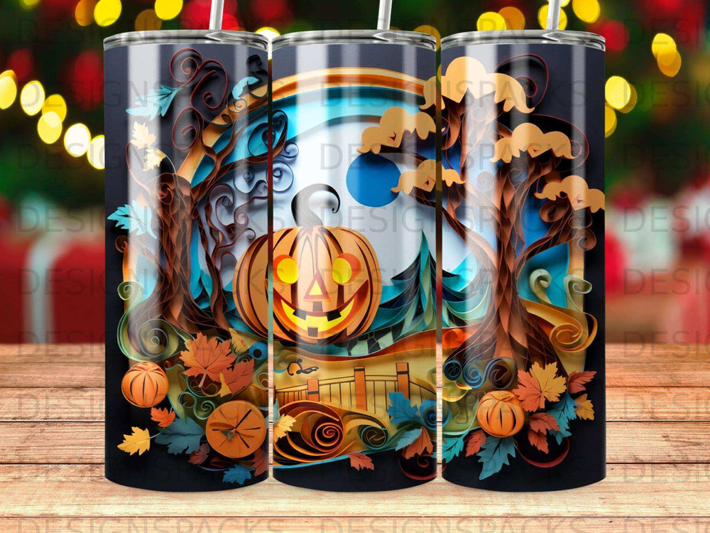 Halloween tumbler with jack-o'-lantern, autumn leaves, and trees.