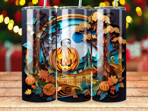 Halloween tumbler with jack-o'-lantern, autumn leaves, and trees.