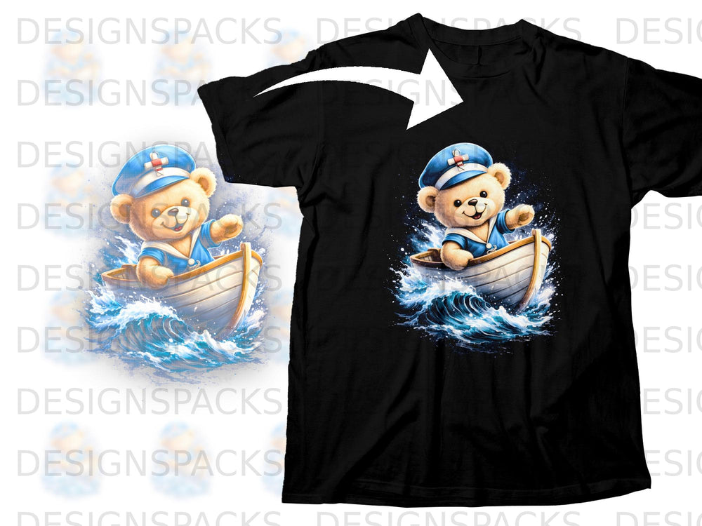 Teddy bear in sailor outfit on a boat splashing through waves.
