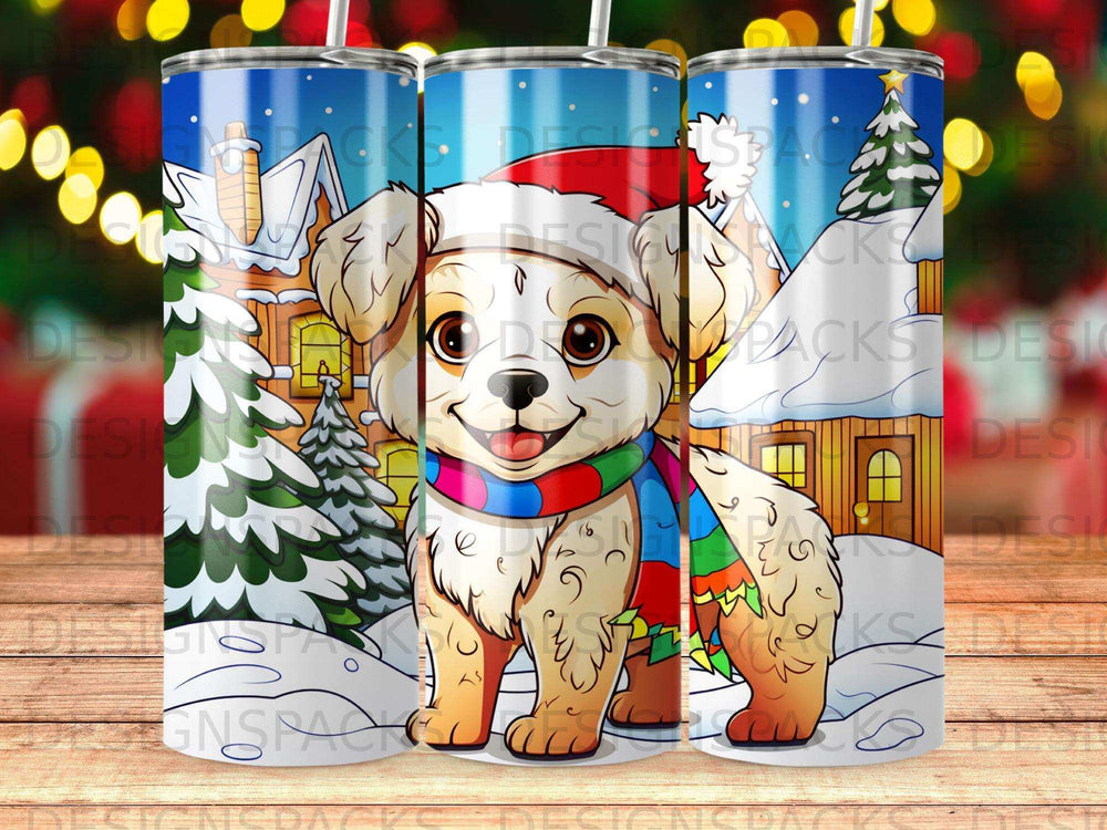 Happy dog in Santa hat and scarf, standing in a snowy village.