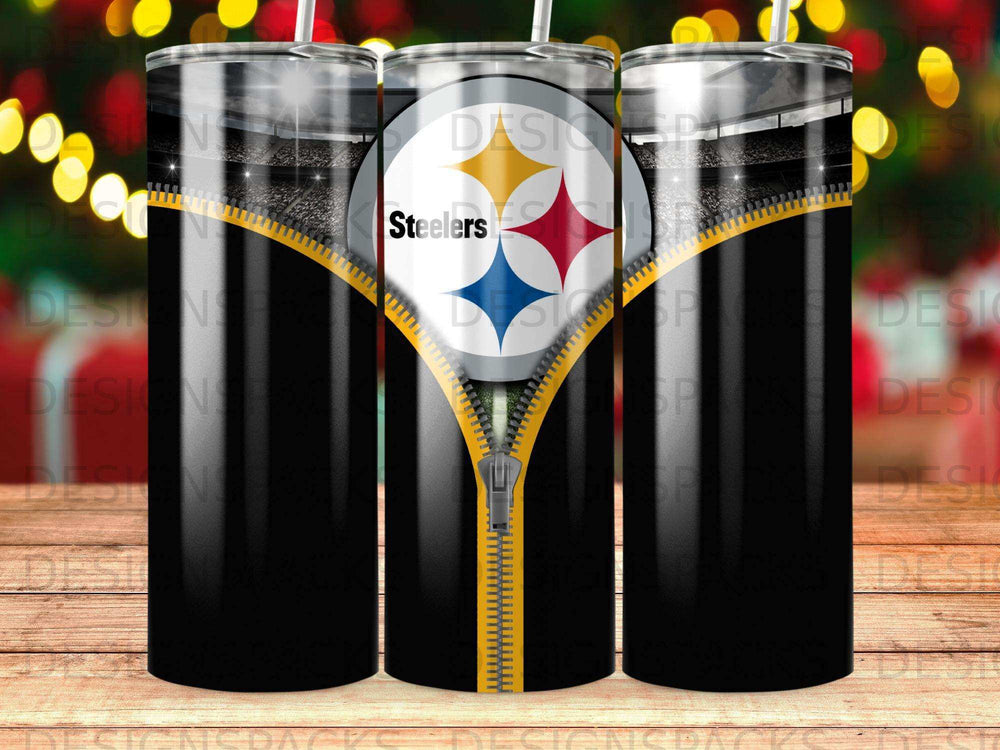 Pittsburgh Steelers zipper tumbler with stadium background.
