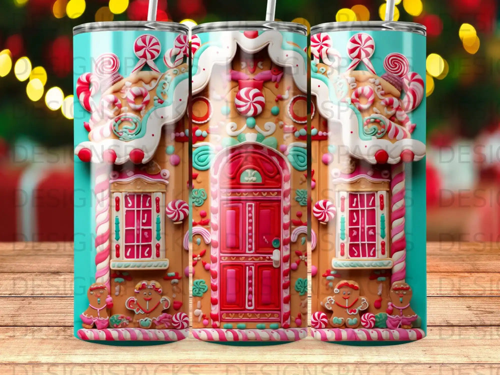 Gingerbread house tumbler with candy cane trim, gingerbread people, and candy details.