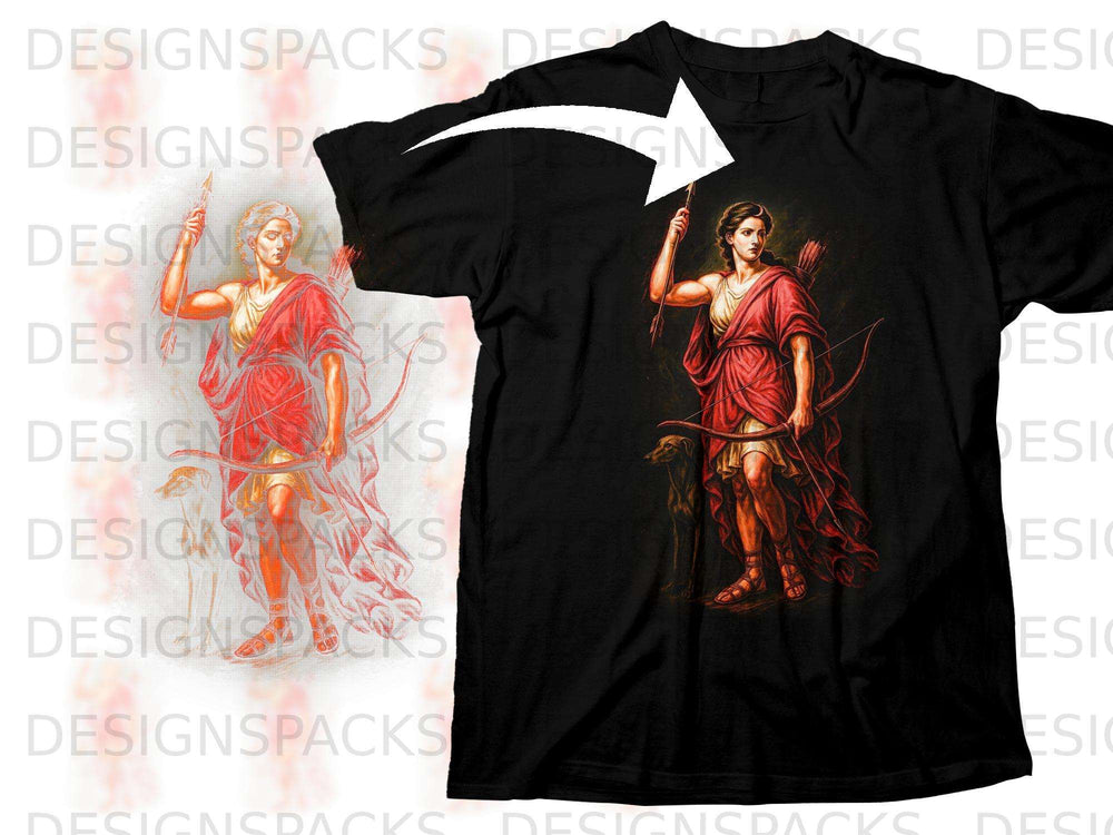 Black t-shirt with artwork of a woman with a bow and arrow and a dog.