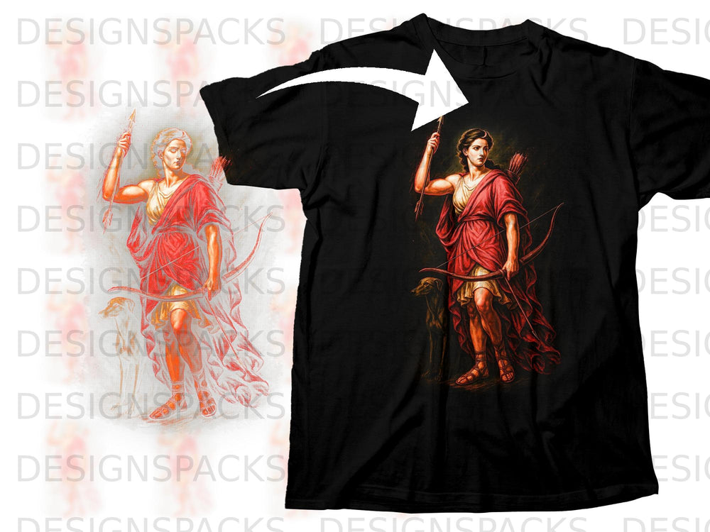 Black t-shirt with artwork of a woman with a bow and arrow and a dog.